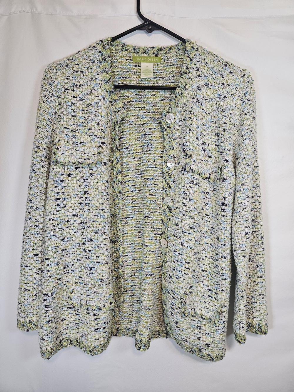 Sigrid Olsen Tweed Bouclé Cardigan Jacket in Green, Blue, White